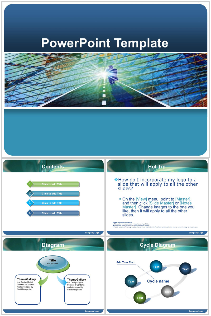 蓝色玻璃商务大楼背景PPT模板