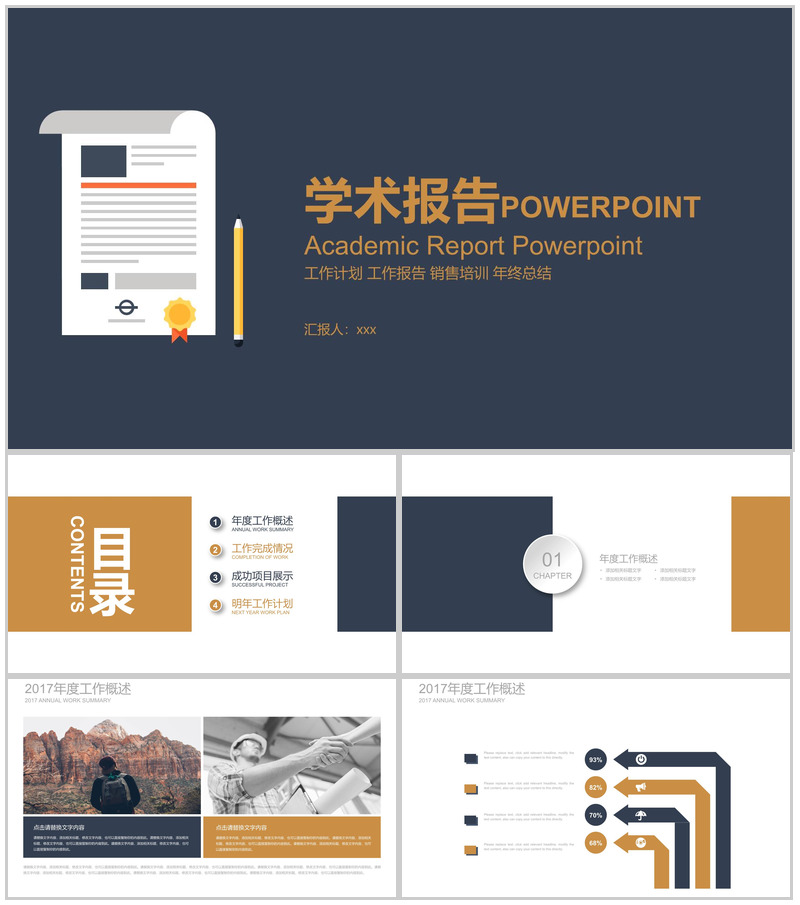 创意扁平蓝金色学术报告毕业论文答辩PPT模板