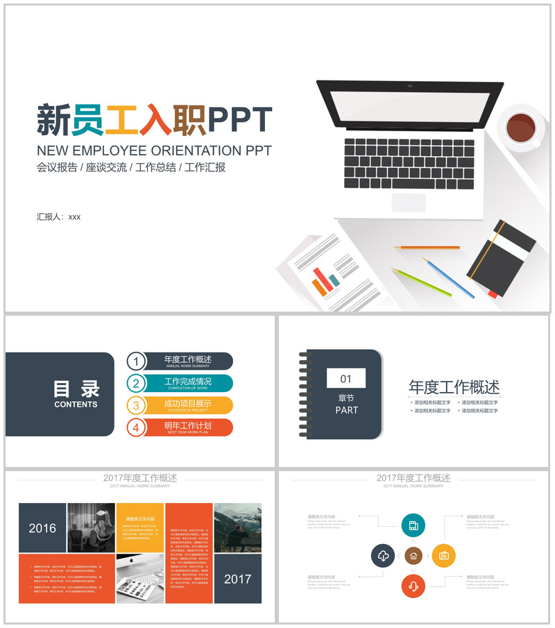 炫彩扁平化商务简约员工入职报告培训PPT模板