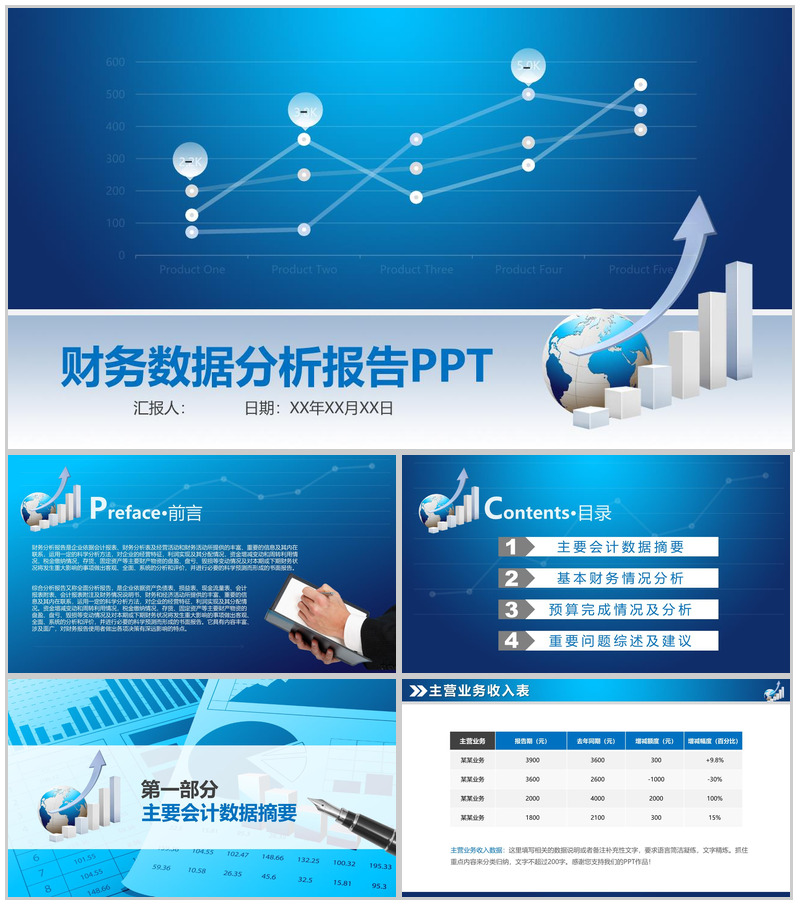 蓝色扁平风财务数据分析报告PPT模板
