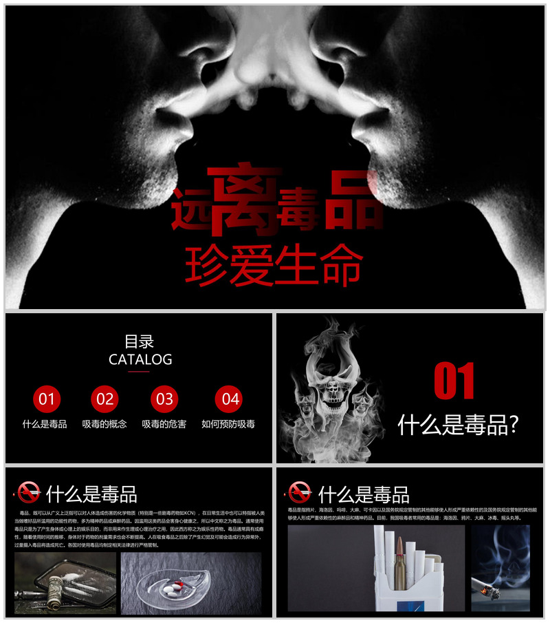 黑色大气珍爱生命远离毒品禁毒教育宣传PPT模板