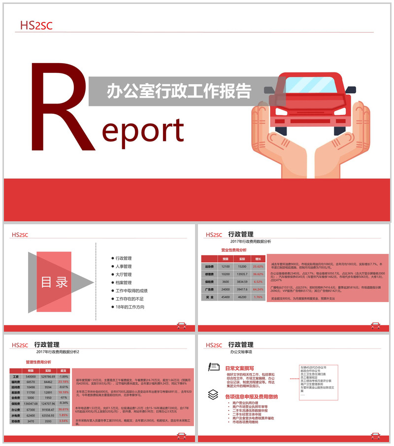 红白简洁二手市场行政人事工作报告PPT模板