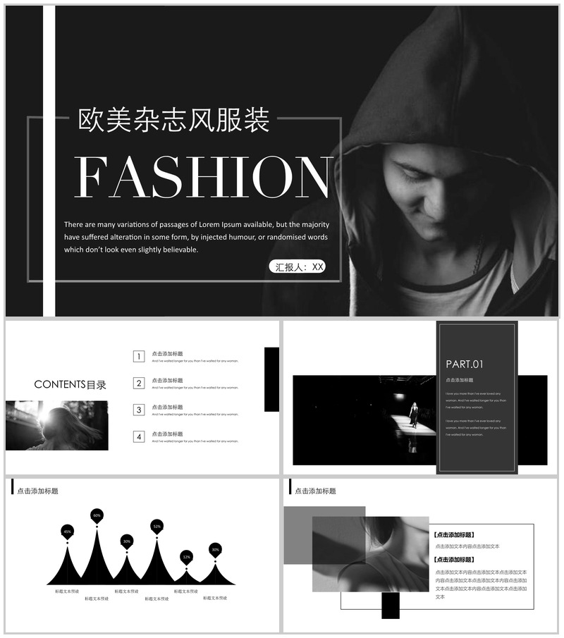 黑色大气简约风欧美杂志风服装模特展示PPT模板