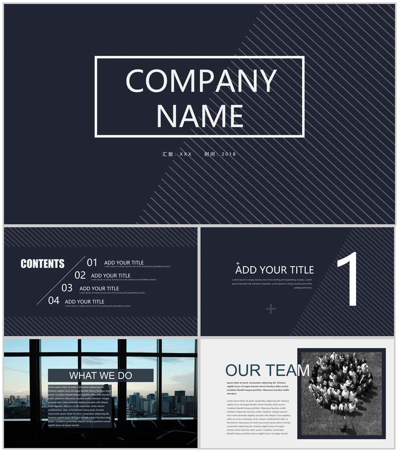 欧美深蓝风格商务总结通用PPT模板