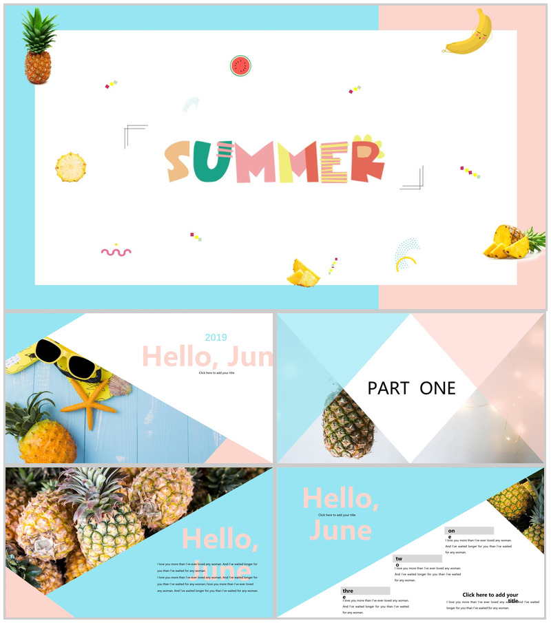 蓝白色水果主题夏天PPT模板