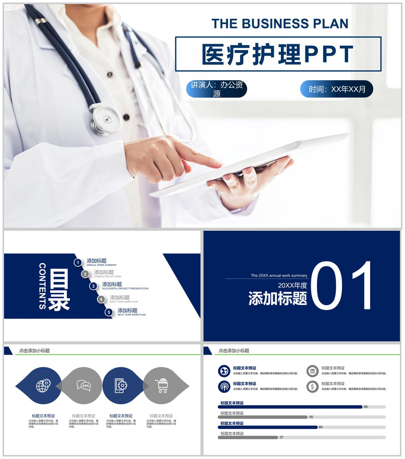 大气蓝色医药医疗护理行业工作汇报PPT模板
