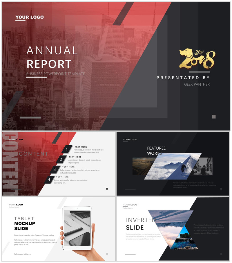 绯色高端斜排动态年终汇报PPT模板